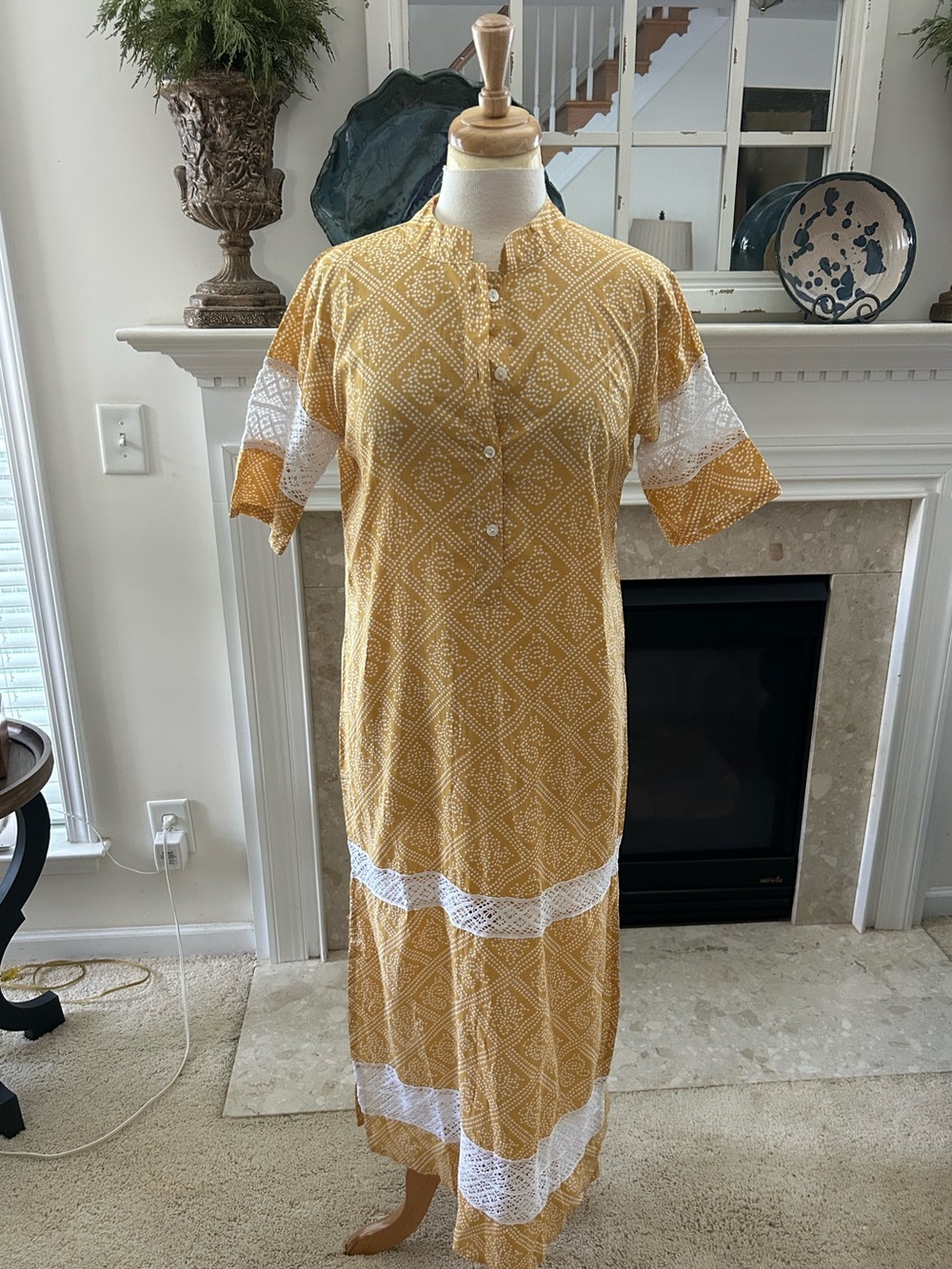 Julia Armory Majorelle Caftan Mustard Yellow Lace-Trim Maxi Dress